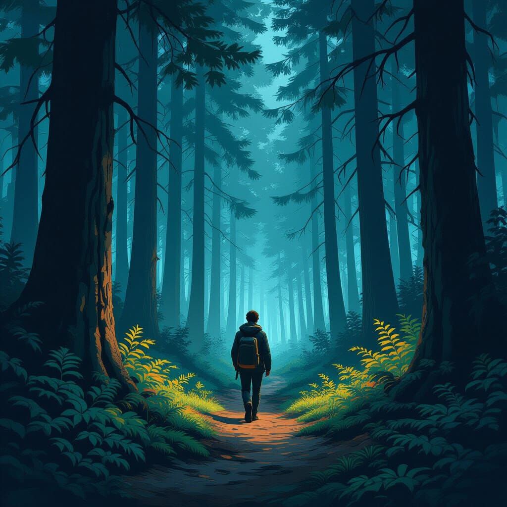 Person Navigating Forest in Retro-Futuristic Style
