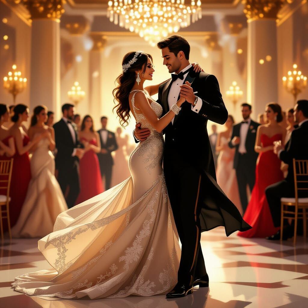 Elegant Couple Dancing in Gold and Silver Amidst Romantic Am...