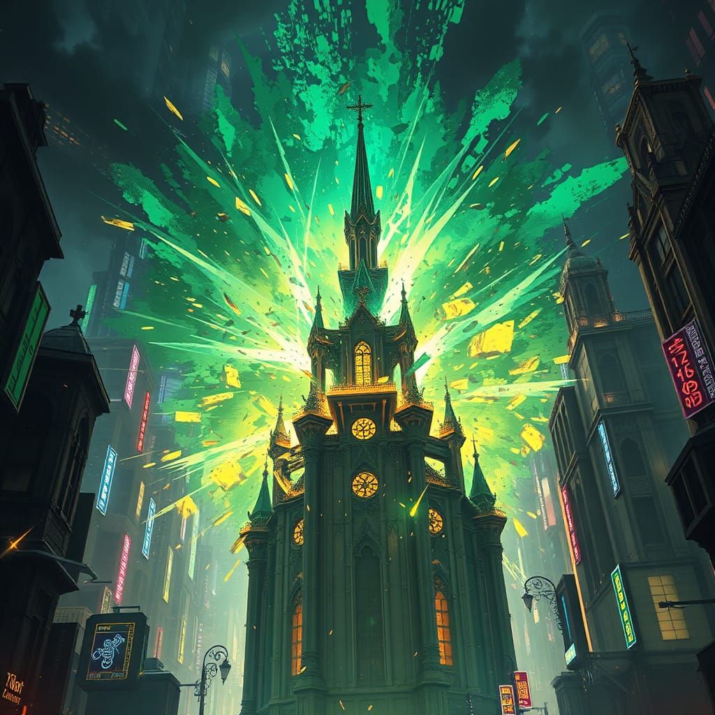 Exploding Gothic City in Anime 3D Art Style