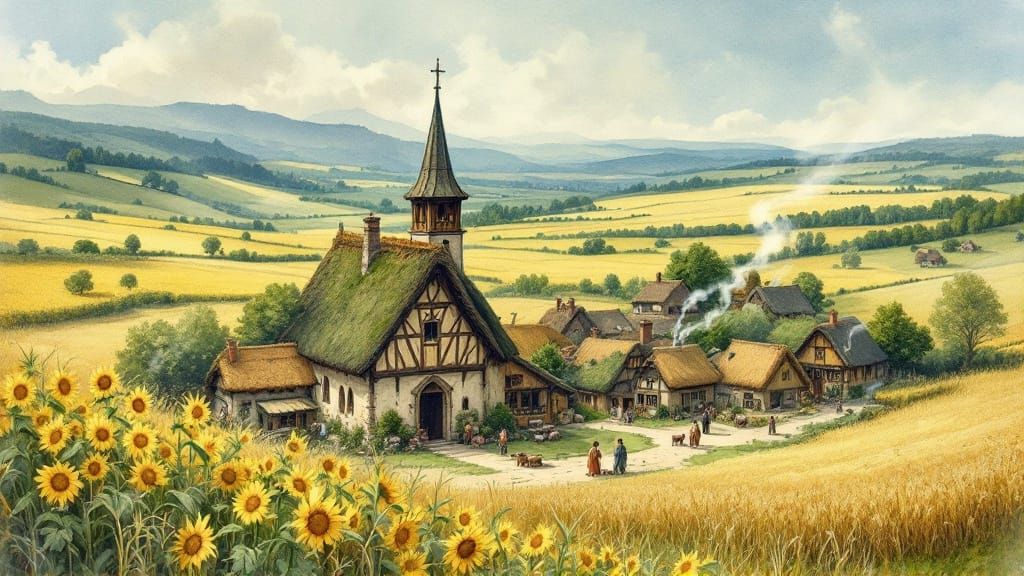 Medieval Village Scene in Earthy Tones