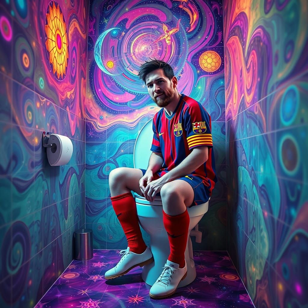 Surreal Messi in Vibrant Cosmic Bathroom