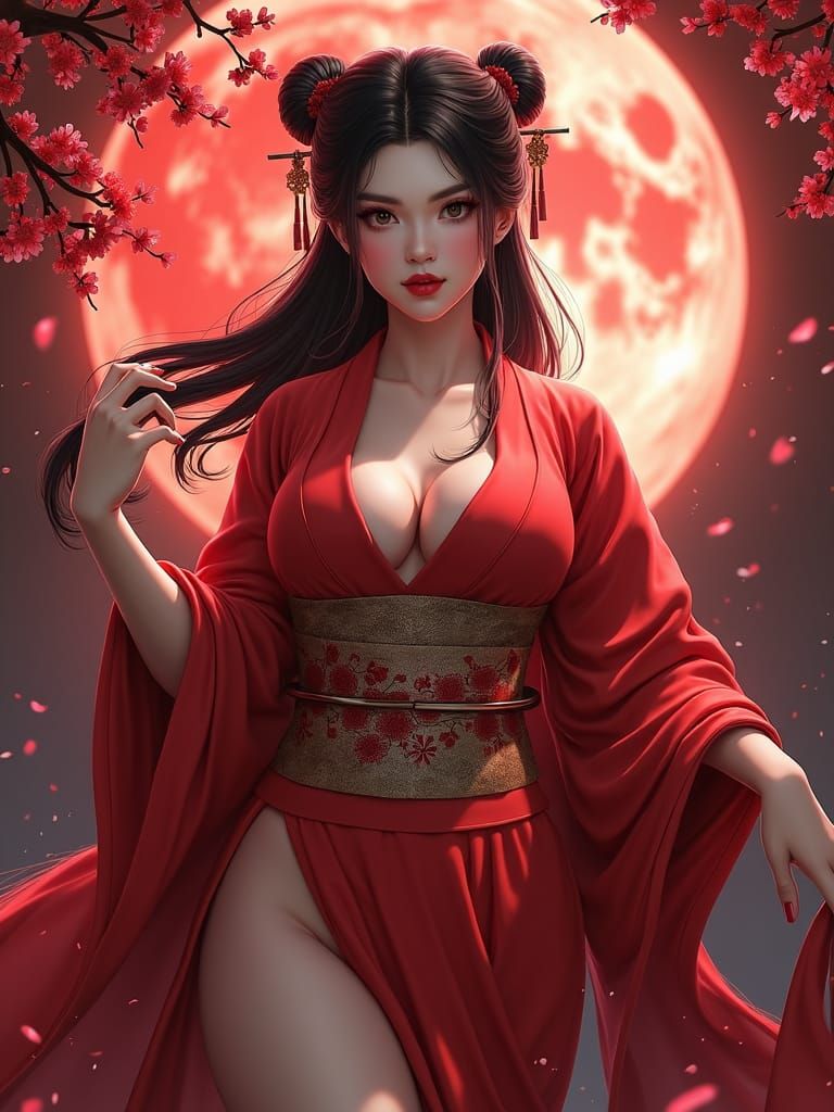 Fantasy Artwork of a Curvy Woman in a Kimono under a Blood M...