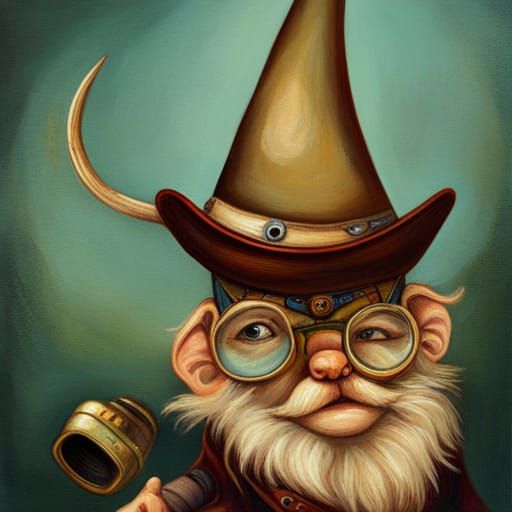 Steampunk Tinker Gnome with Contraption, Oil Painting