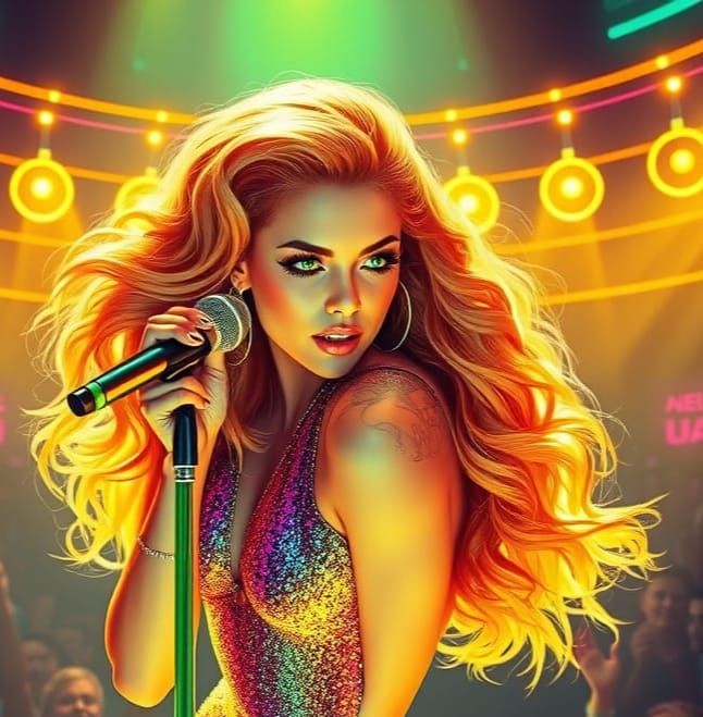 Glamorous Synthwave Performer Shines on Golden Stage