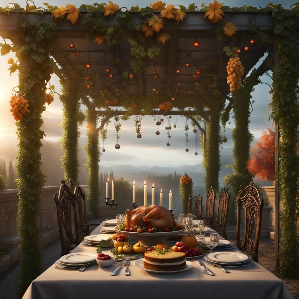 Thanksgiving Feast Under a Flowered Pergola