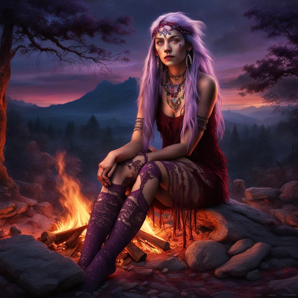 Native American Woman with Lilac Hair by Campfire