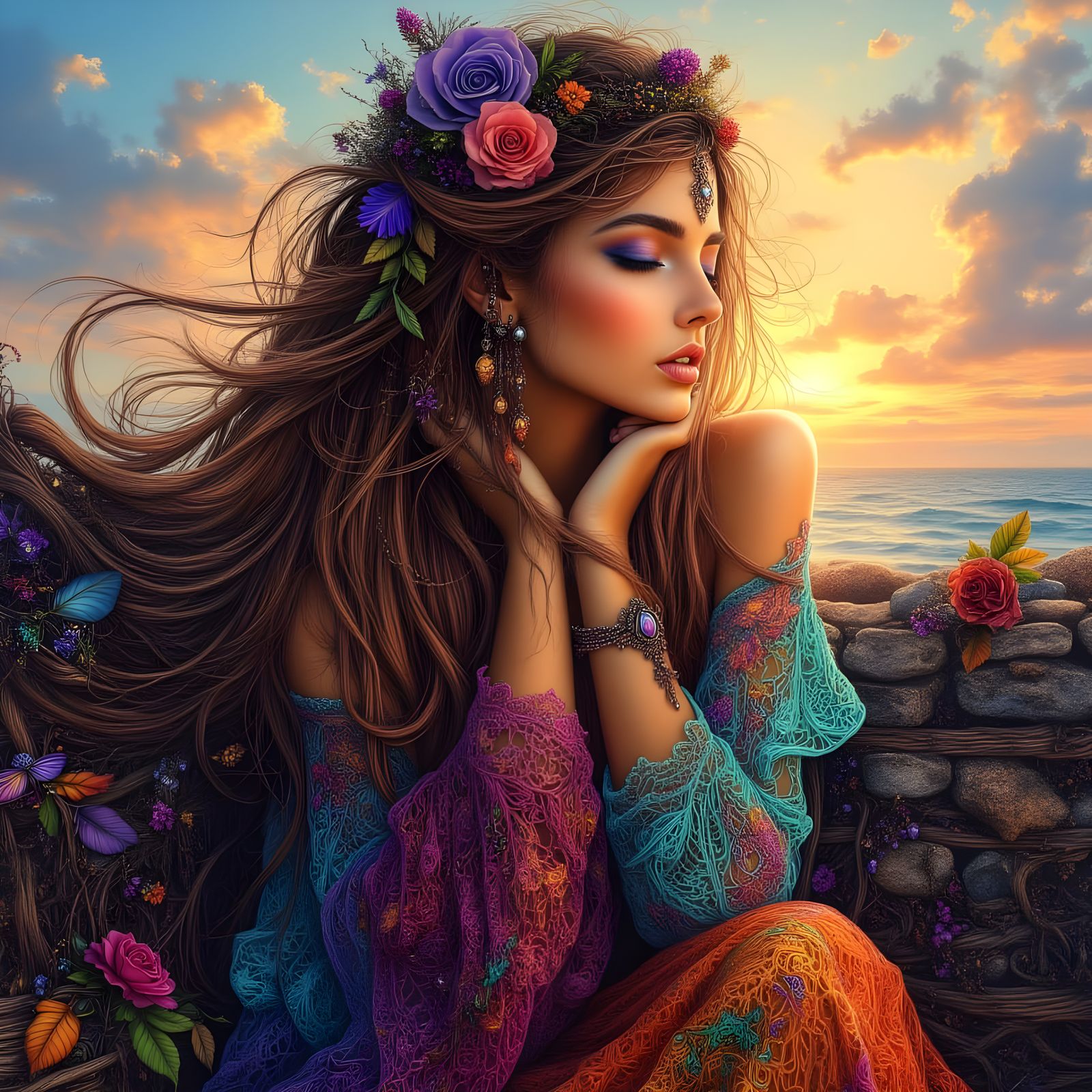 Bohemian Woman in Colorful Dress at Sunset