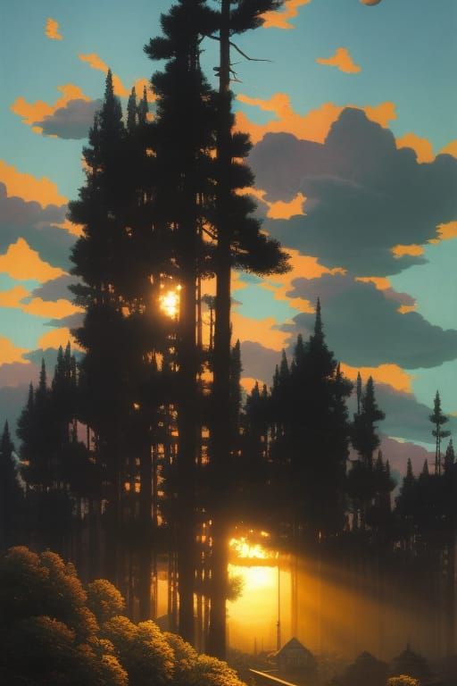 Sunset Landscape with Blossoms in Detailed Style