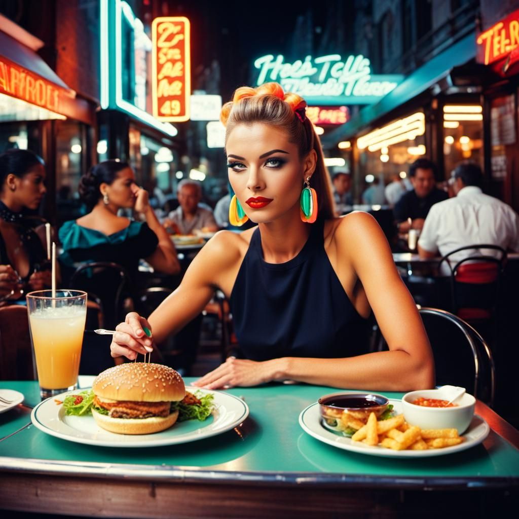 retro style, 90s photo of a captivating girl having lunch in a restaurant, a bustling metropolis, neon barrettes, enigma...