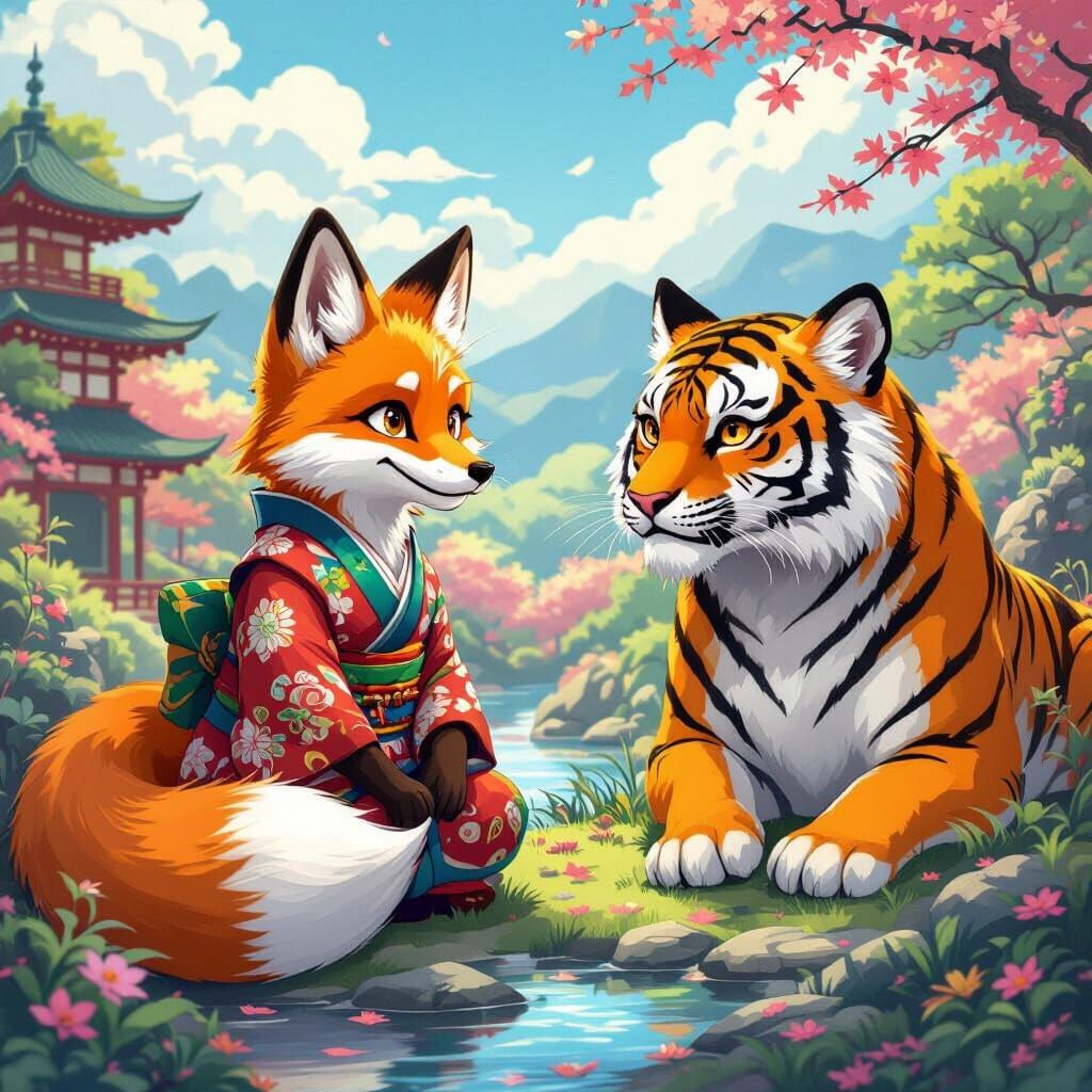 Fox and Tiger in Anime Style Japanese Landscape