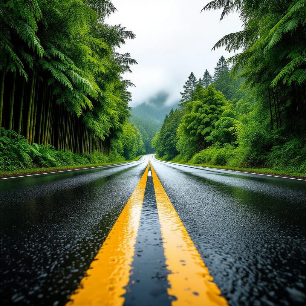 Straight Road with Yellow Line, Photorealistic Style