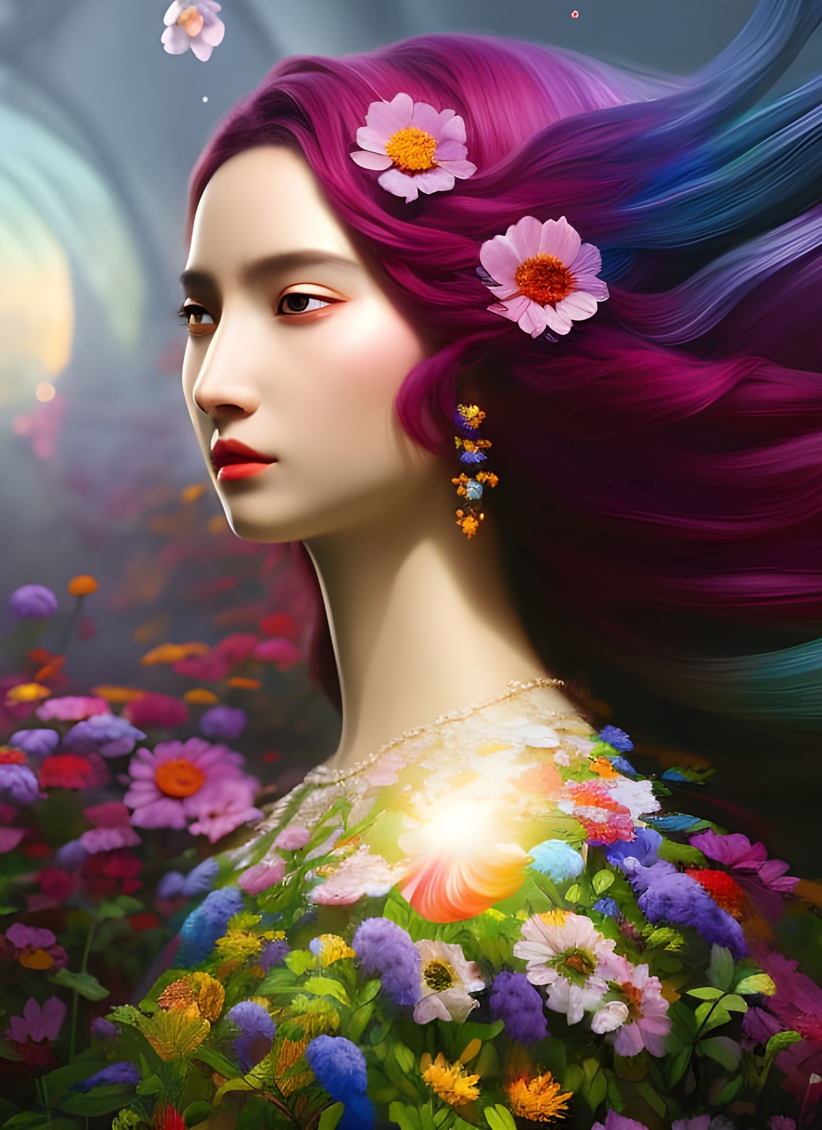 Whimsical Flower Goddess Portrait in Anime Style