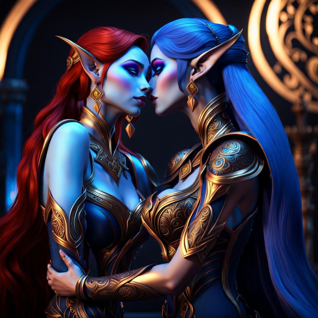 Romantic Kiss Between Two Night Elf Women