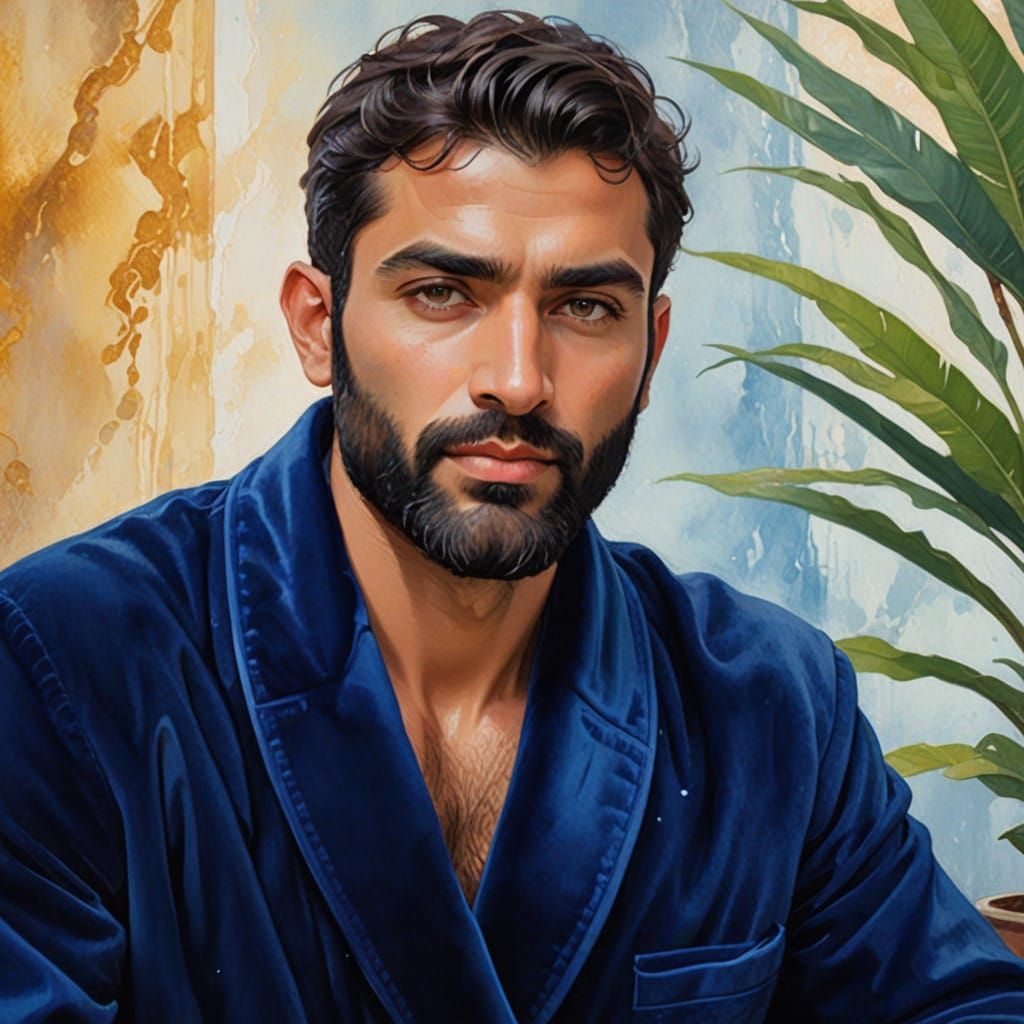 Handsome Man in Navy Blue Velvet Bathrobe