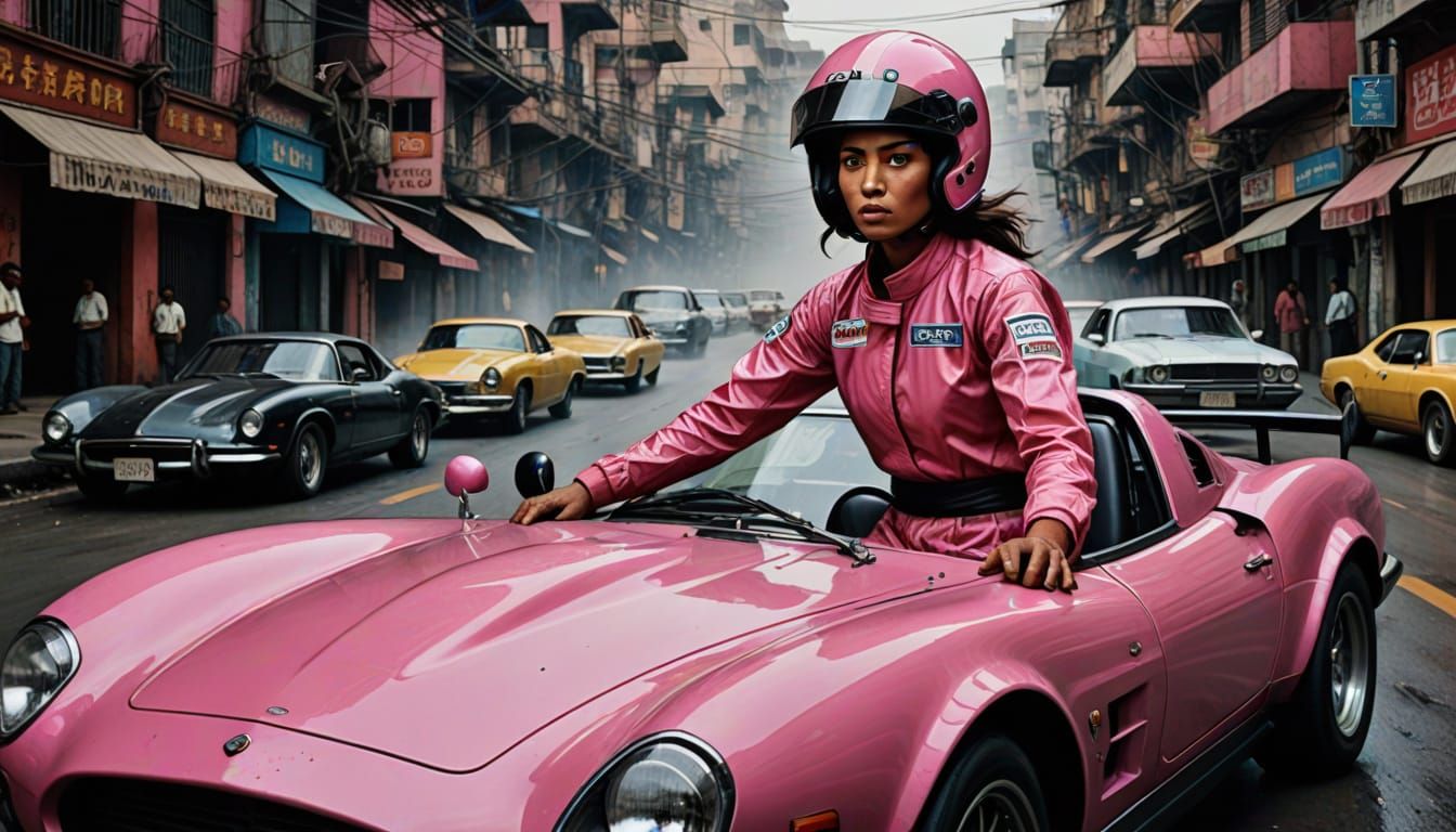 Dynamic Car Race Scene in Art Deco Style