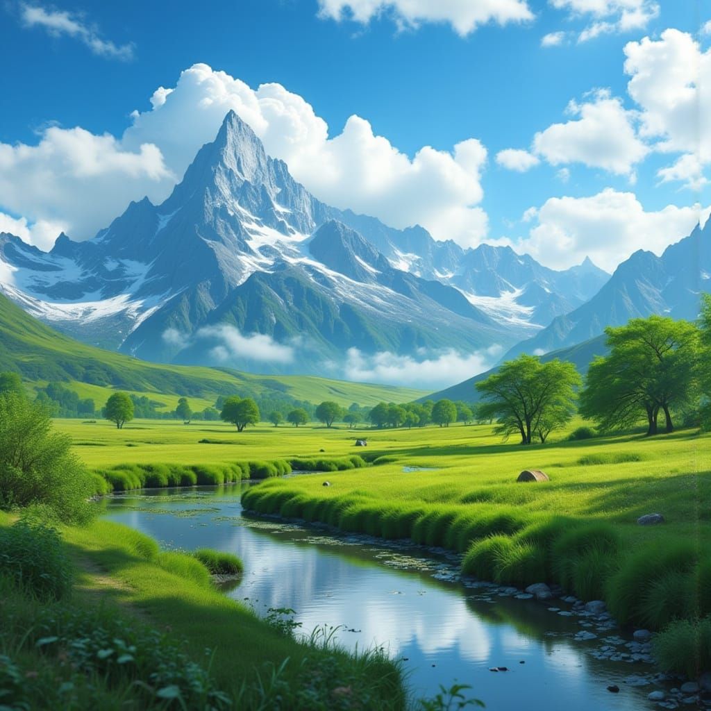 Serene Snowy Mountain Landscape with Azure Sky