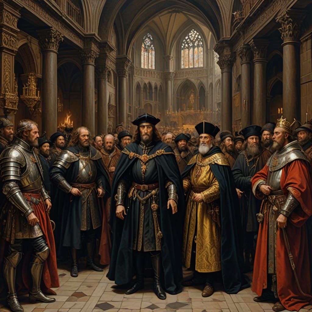 Medieval Power Struggle in Oil Painting Style