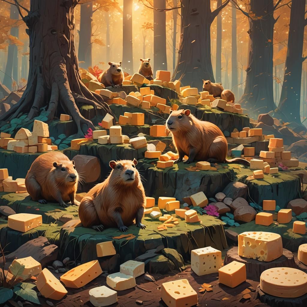 Capybara in Dreamlike Cheese Forest