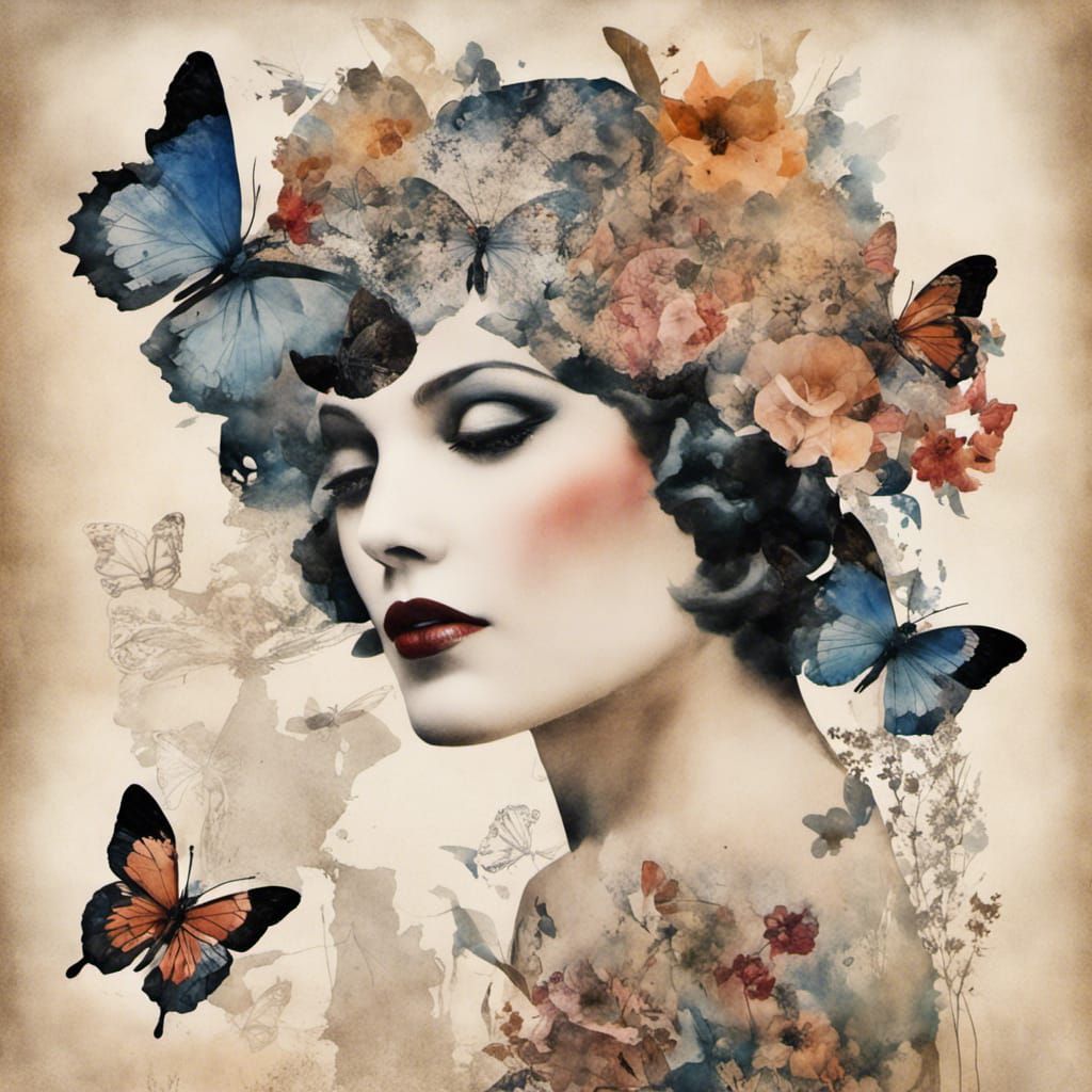 Collage Art: Woman with Flowers and Butterflies