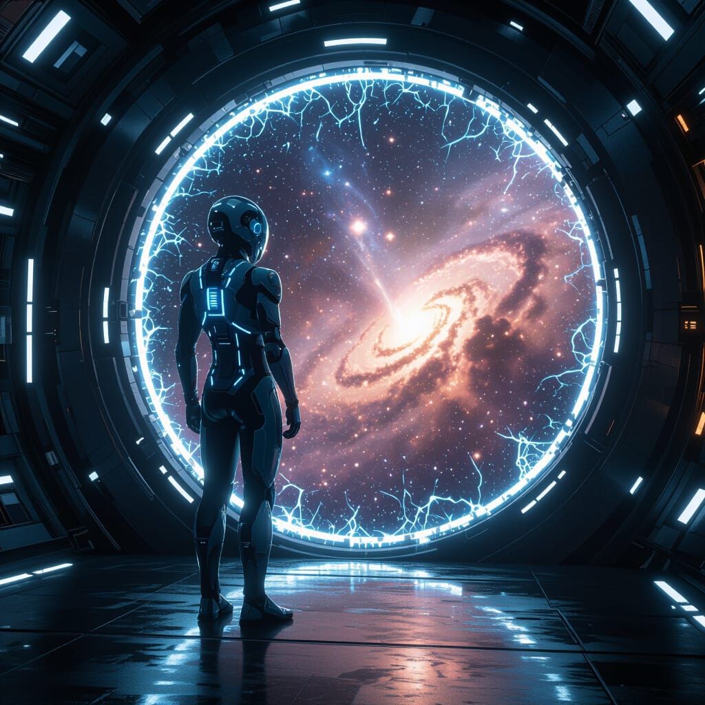 Cyborg Pilot Gazing at Cosmic Portal: Digital Art