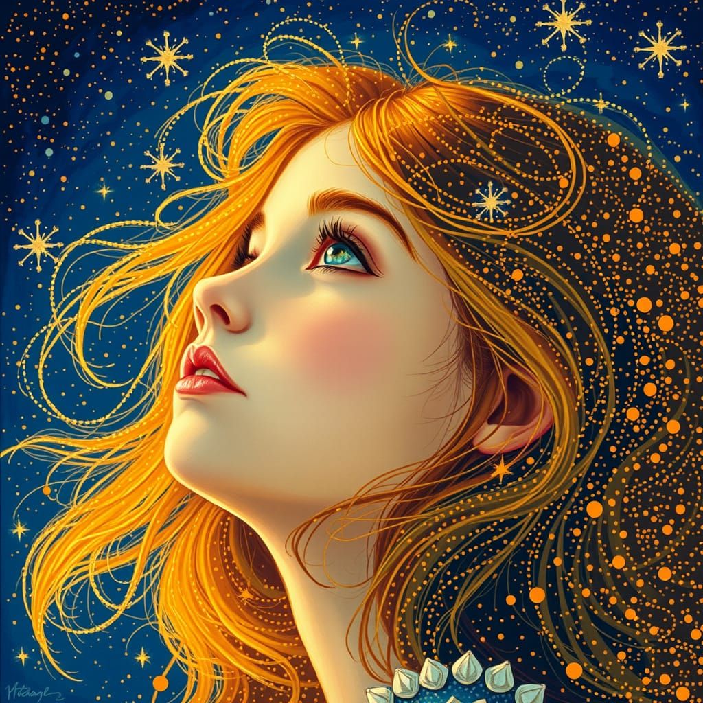 Pointillist Portrait of Girl Gazing at Stars