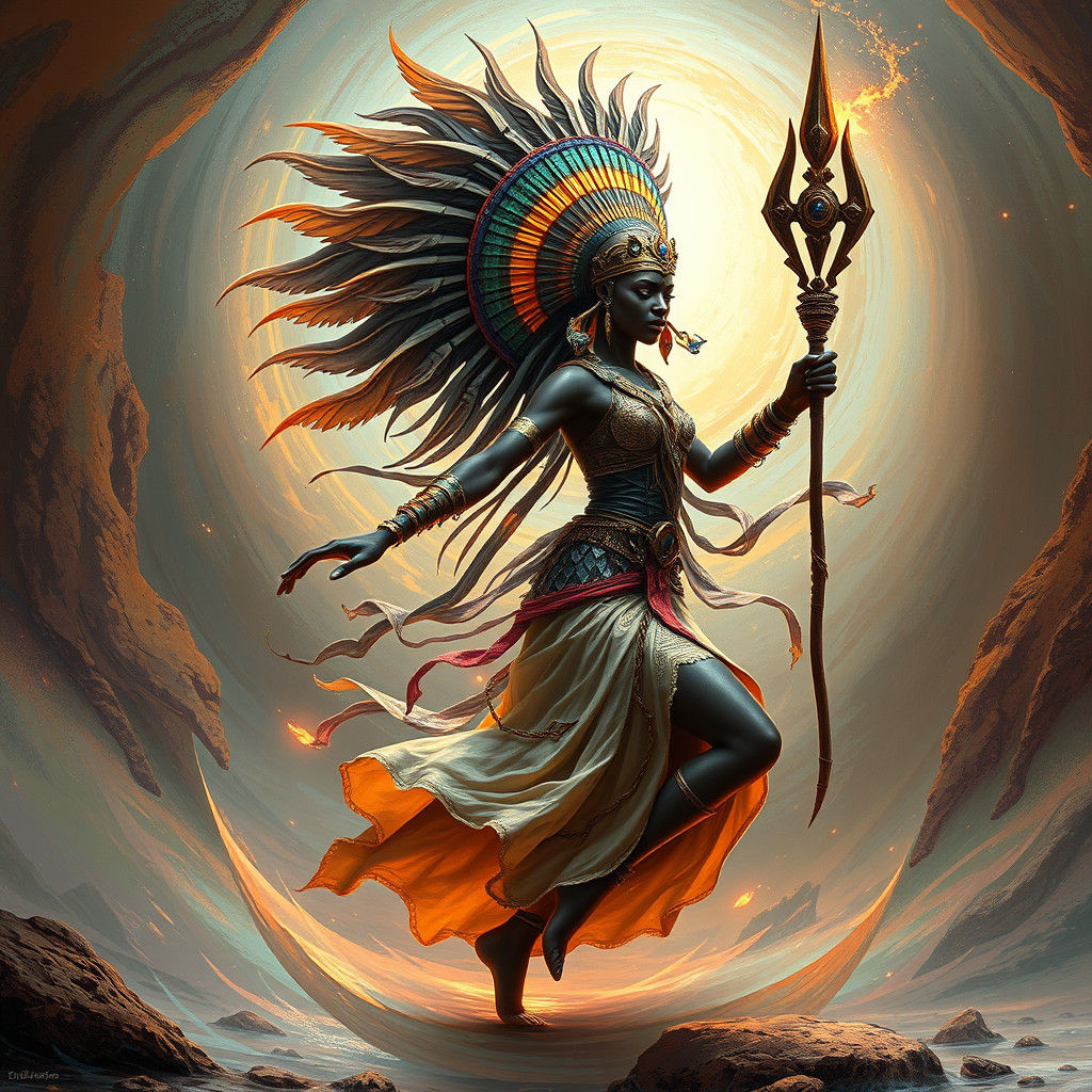 African Warrior Queen Dancing in Mystical Landscape