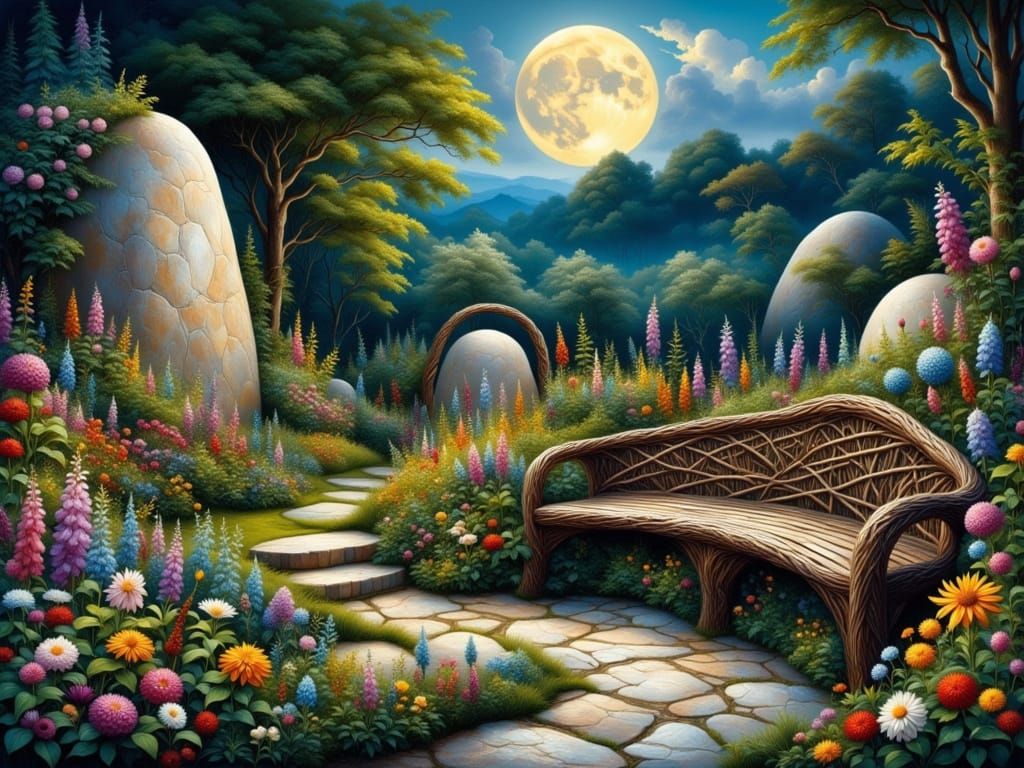 Moonlit Rock Garden in Whimsical Oil Paint Style