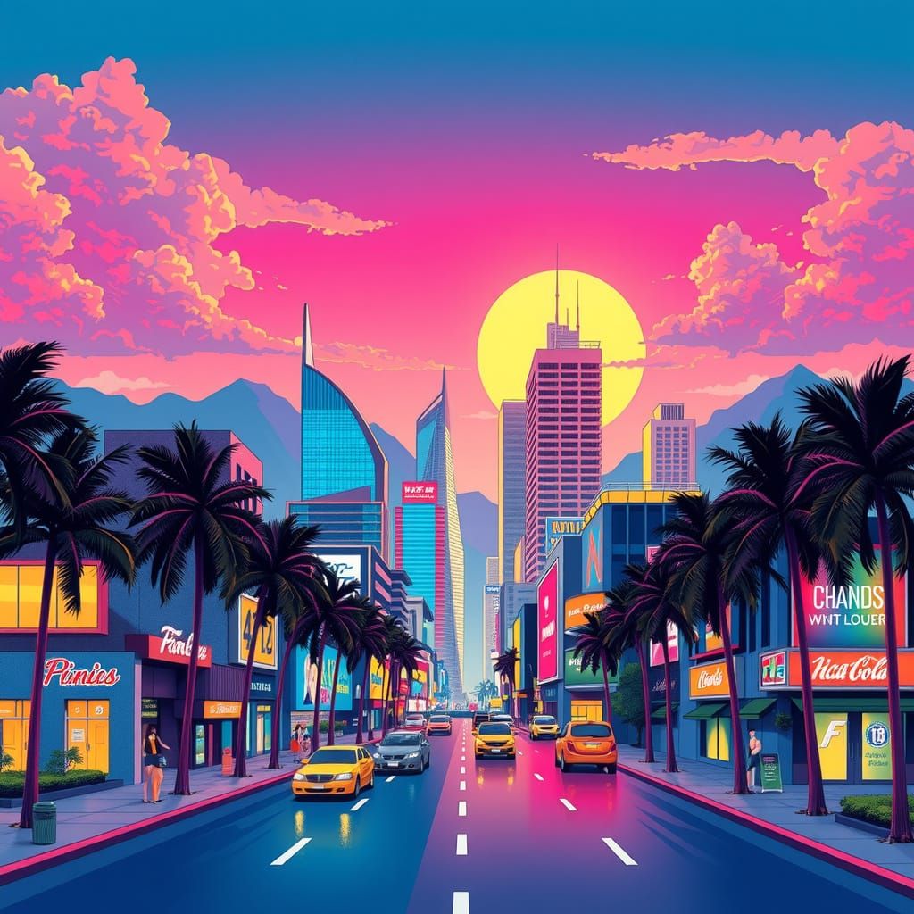 Retro-Futuristic Cityscape in Vibrant Summer Colors