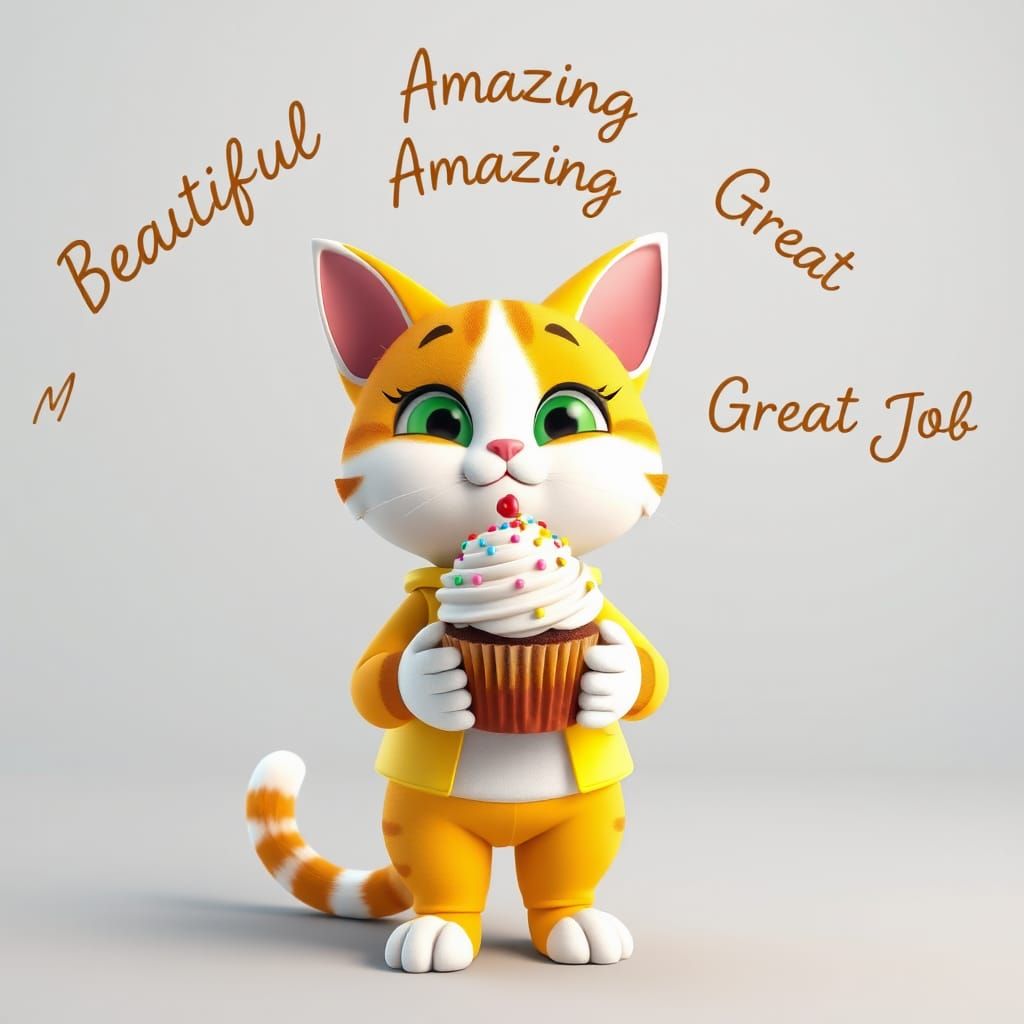 3d model of a cartoon cat in yellow outfit holding a cupcake, in the style of ilya kuvshinov, seth macfarlane, meticulou...