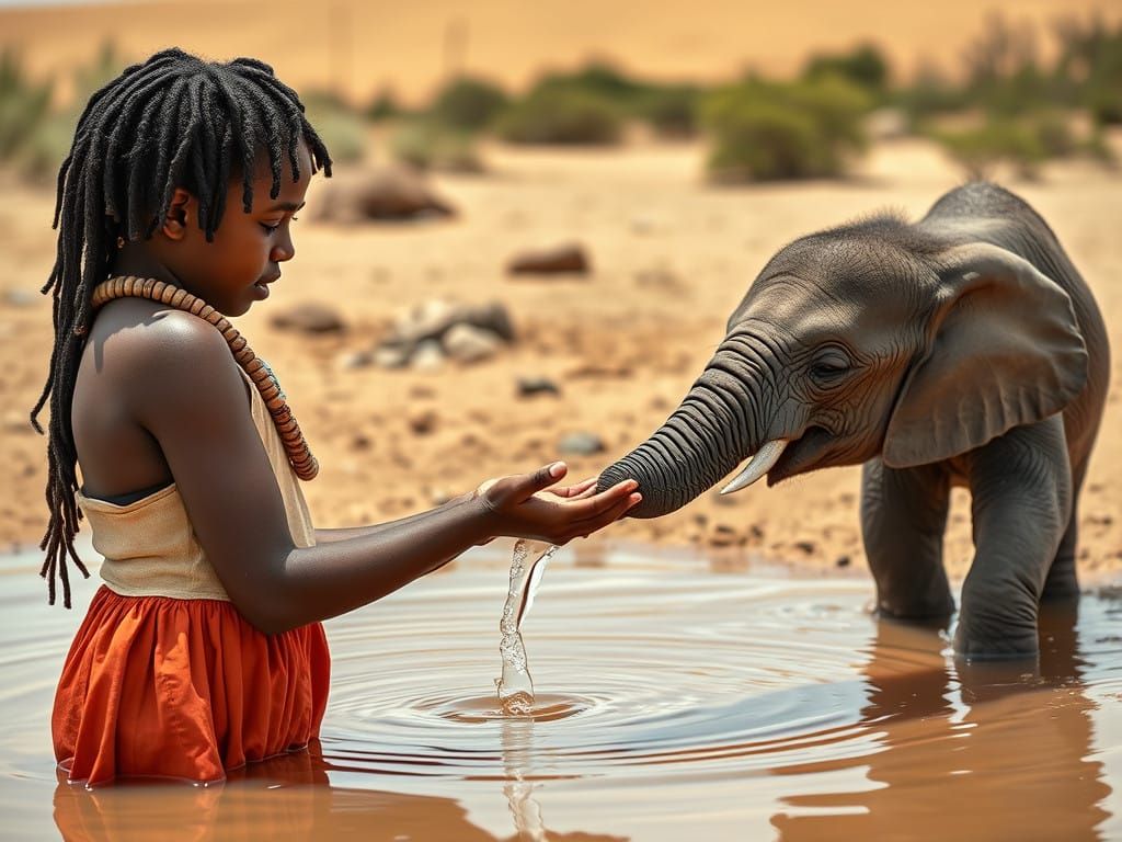 African Girl in Desert Oasis with Baby Elephant