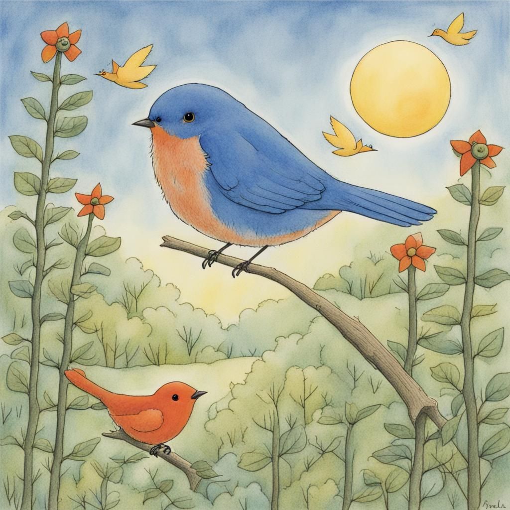 Bluebirds in Flight Illustration as Children's Book Art