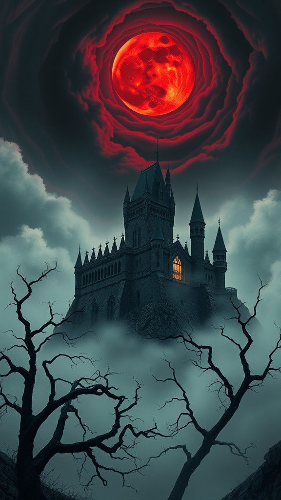 Gothic Castle Under Blood Moon in Beksiński Style