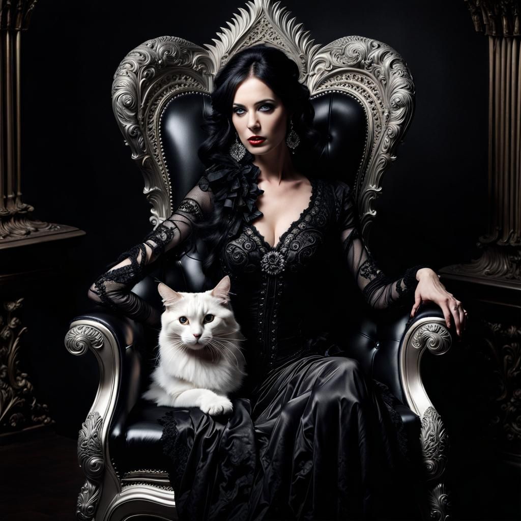 Gothic Woman with Maine Coon Cat in Silver Nitrate Photo