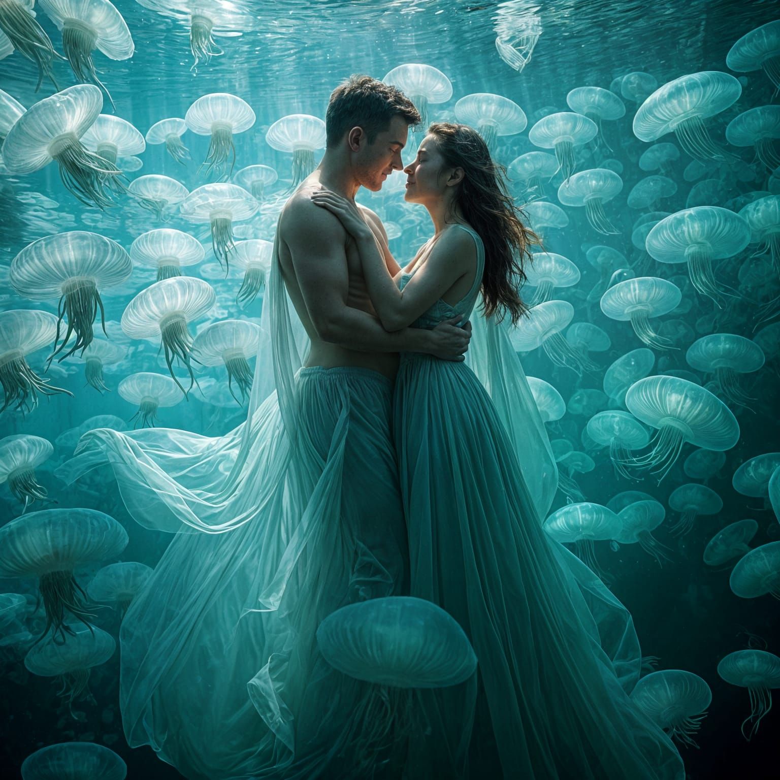 Underwater Embrace with Jellyfish