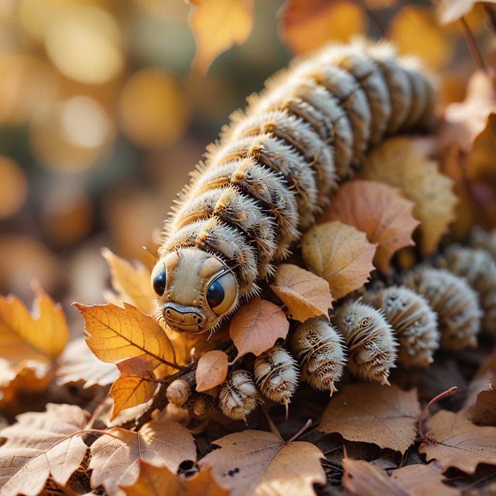 Caterpillar Resting in Autumn Leaves Watercolor Art