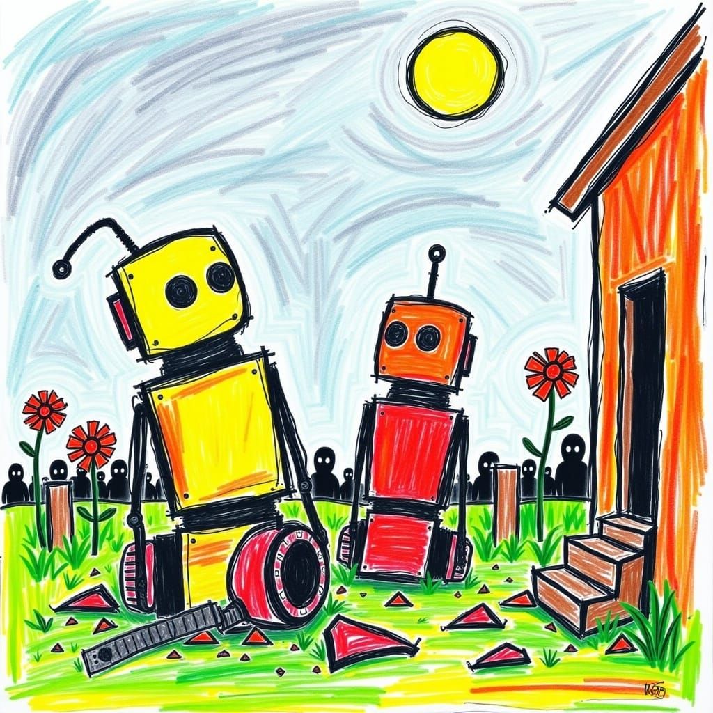 Cute Robots in a Flower Garden
