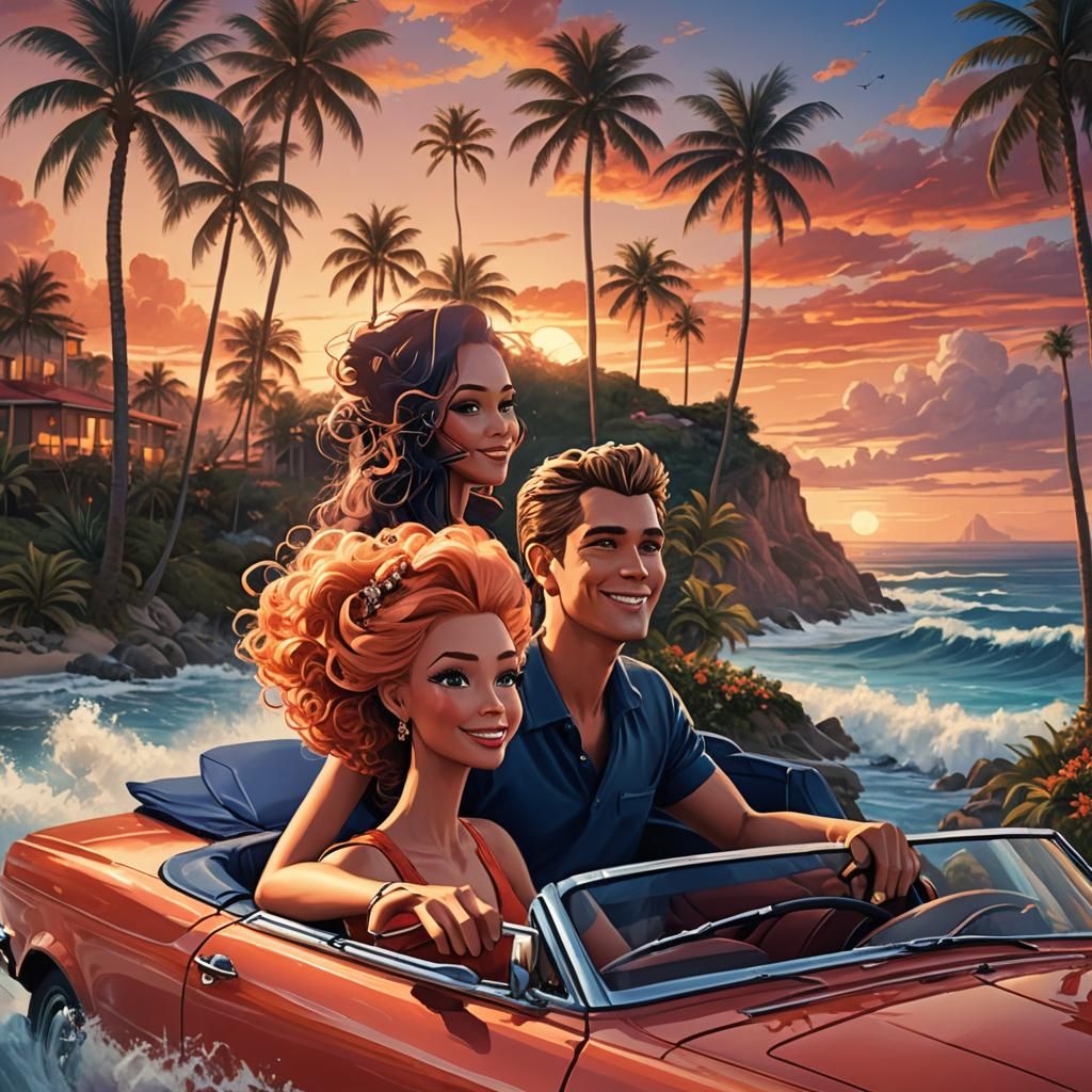 Ken and Barbie Drive a Red Convertible at Sunset