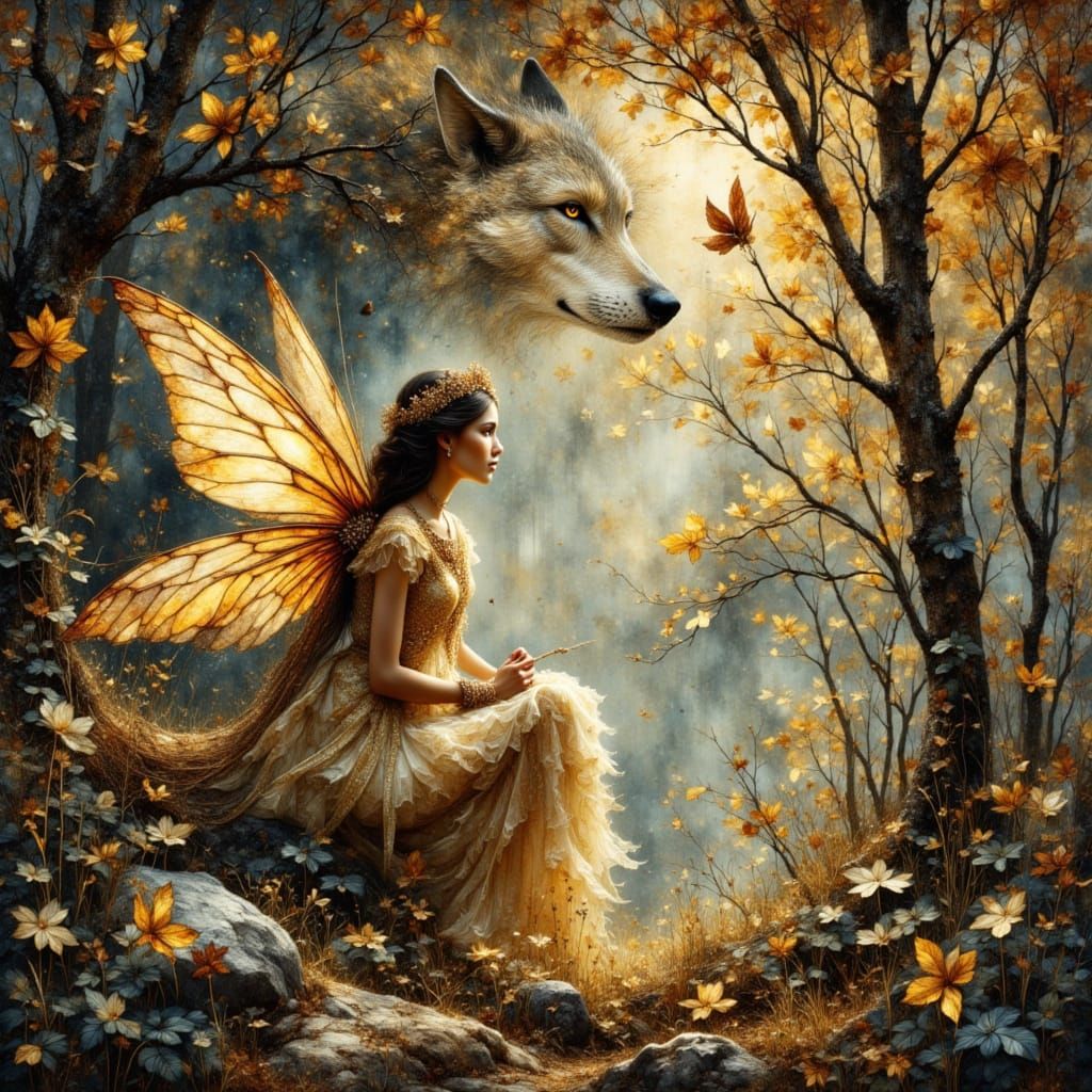 Fairy Queen and Wolf Camouflaged in Forest Canopy