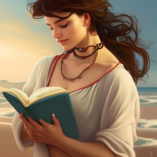 Woman Reading on Beach: Hyperdetailed Digital Portrait