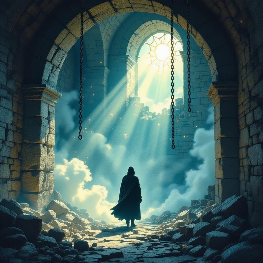 Surreal Figure Escapes Crumbling Dungeon into Golden Light