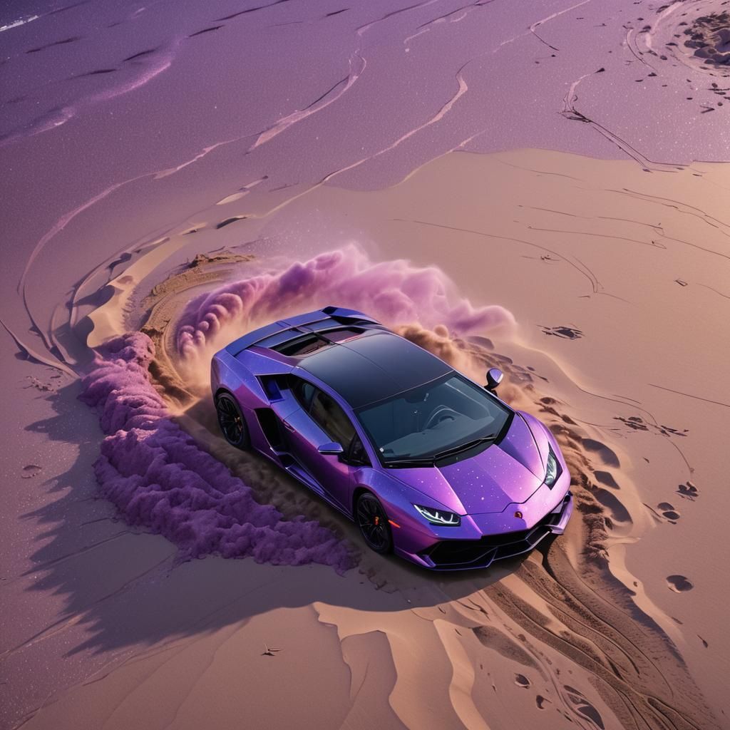 Purple Lamborghini Beach Stunt in Cosmic Art Style