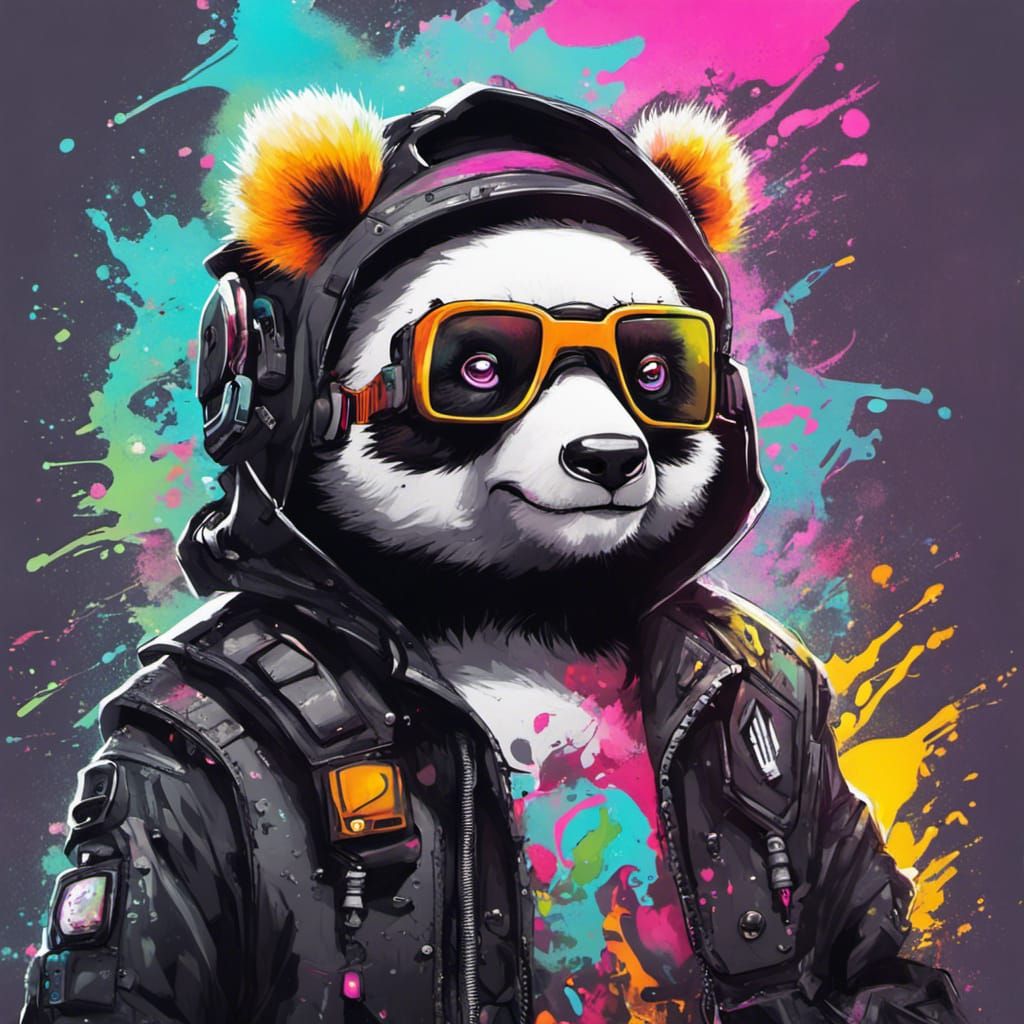 Cute Cyberpunk Panda in Graffiti Splash Art