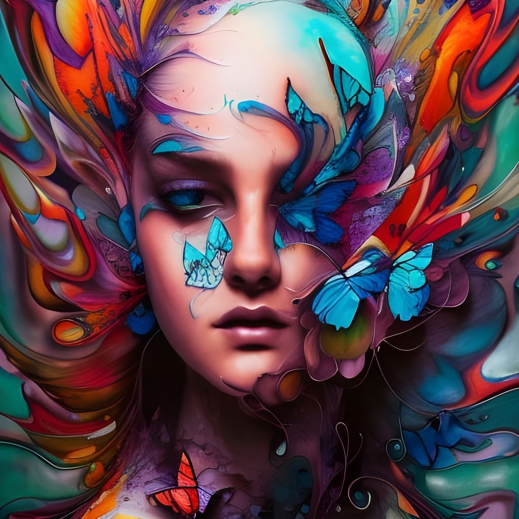 Butterfly Woman in Ink Flow Gouache Painting