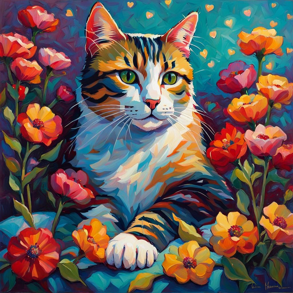 Cat Surrounded by Flowers in Open Impressionism Style