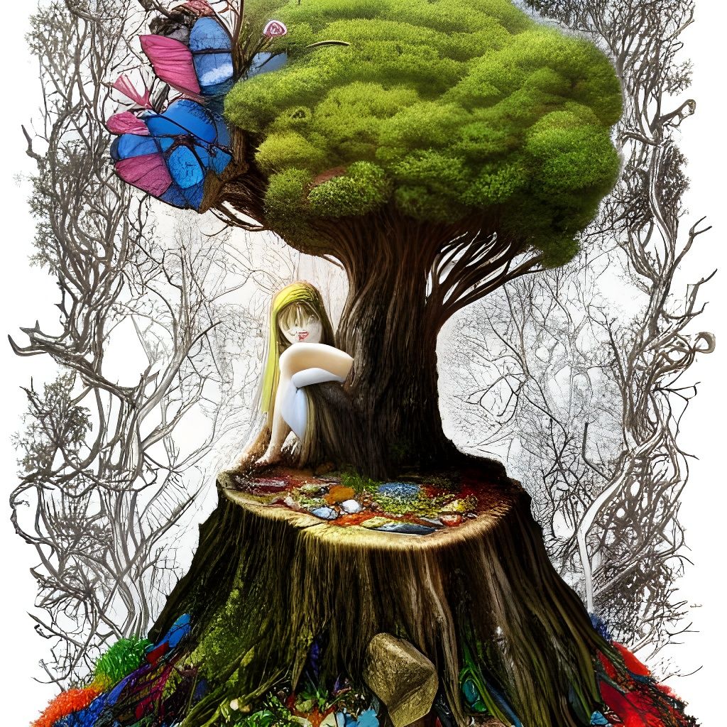 Enchanting Fairy Hidden in Forest, Mixed Media Illustration