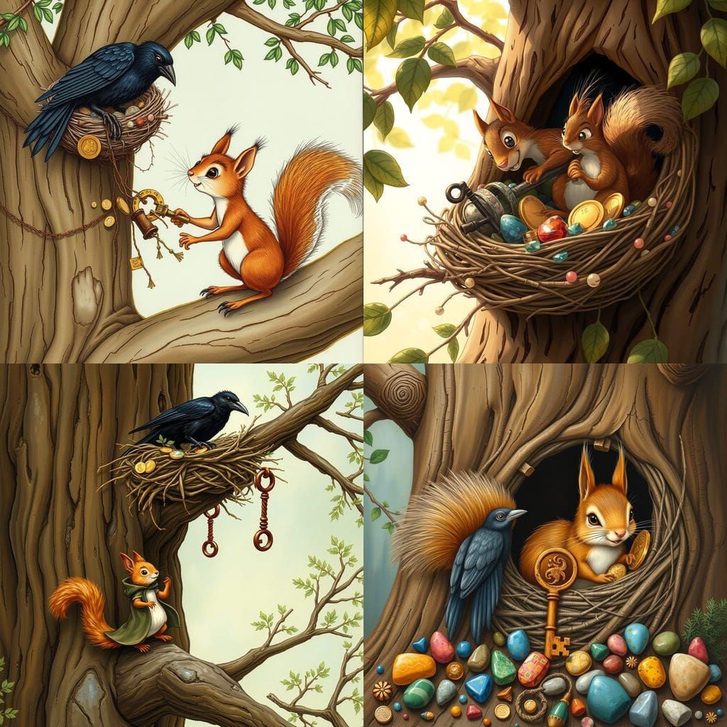 Squirrel Stealing Treasure from Crow's Nest
