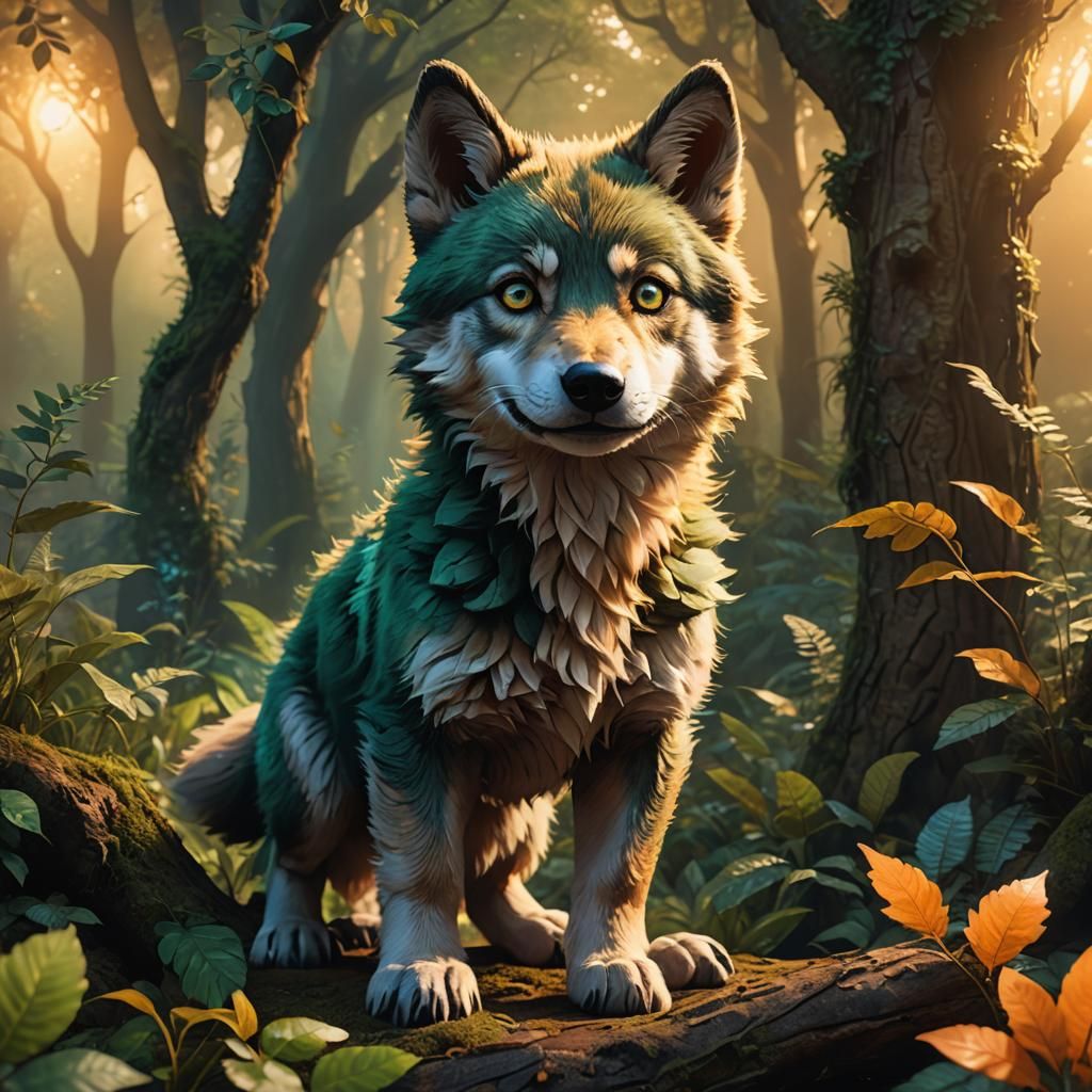 Adorable Baby Wolf Portrait in Mystical Forest