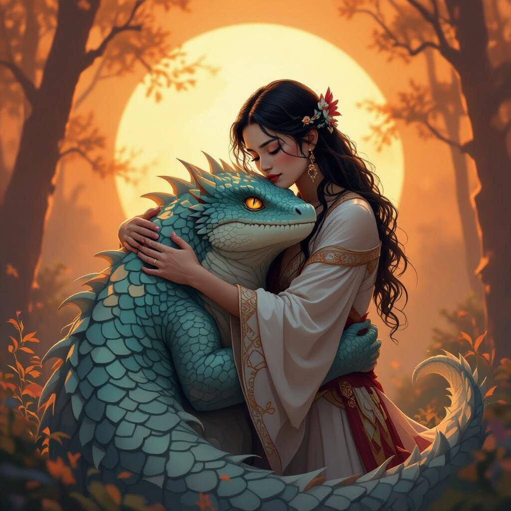 Human and Monster Embrace in Dreamy Forest