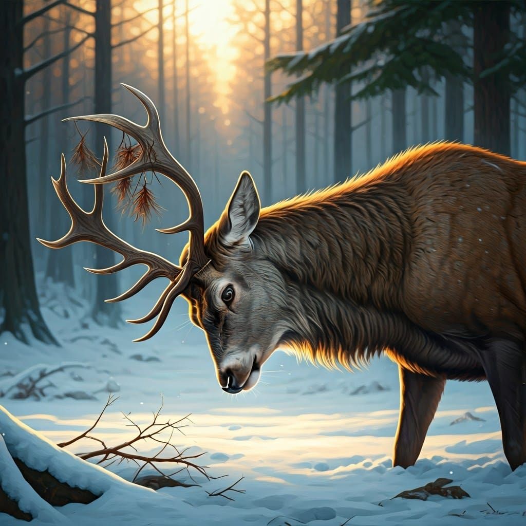 Majestic Stag Sheds Antlers in Snowy Forest