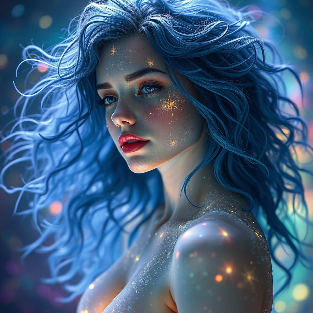 Ethereal Goddess in Cosmic Aquatics with Glowing Hair and Lu...